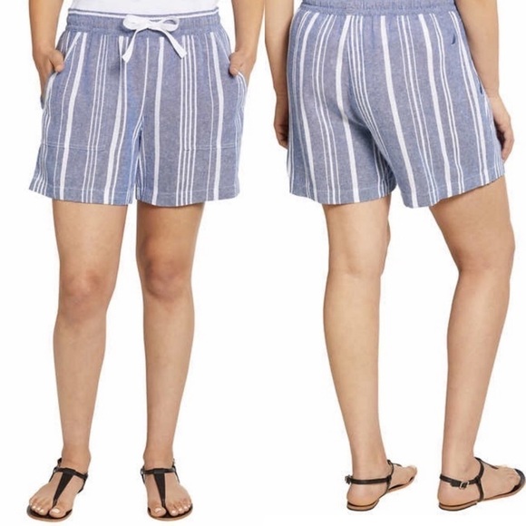 Nautica Soft Linen Pull On With Pockets Light Blue White Stripe Short Size Large - Picture 17 of 17